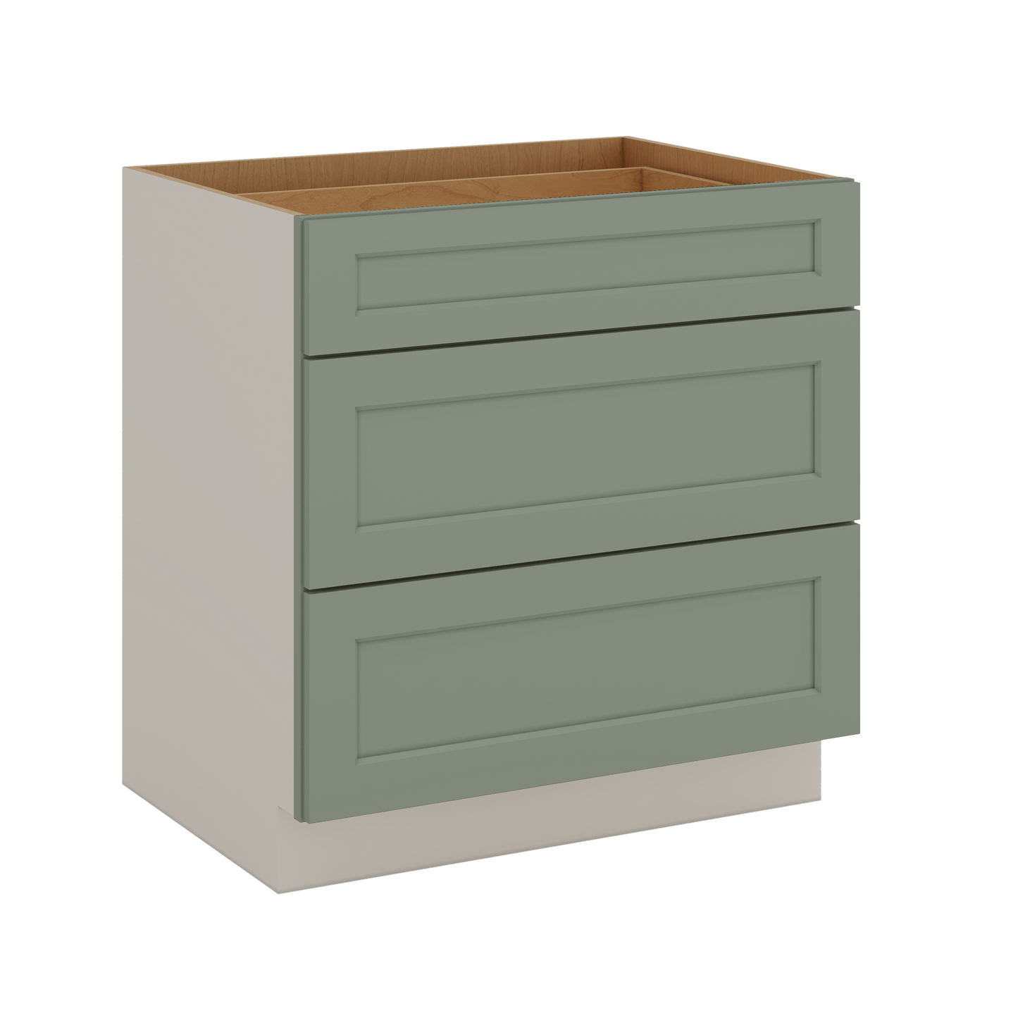 12", 15", 18", 21", 24", 30", 33" & 36" Wide 14SG Sage Green Shaker 1-1/4" Overlay 3 Drawer Base Cabinet