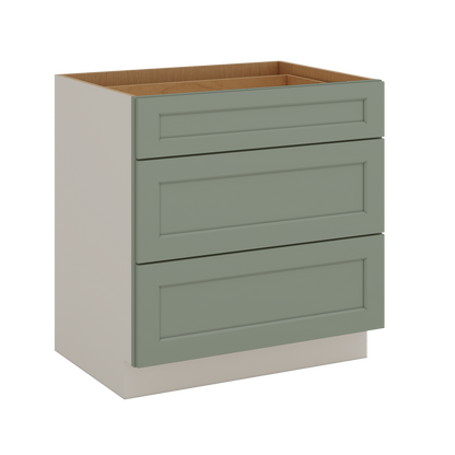 12", 15", 18", 21", 24", 30", 33" & 36" Wide 14SG Sage Green Shaker 1-1/4" Overlay 3 Drawer Base Cabinet