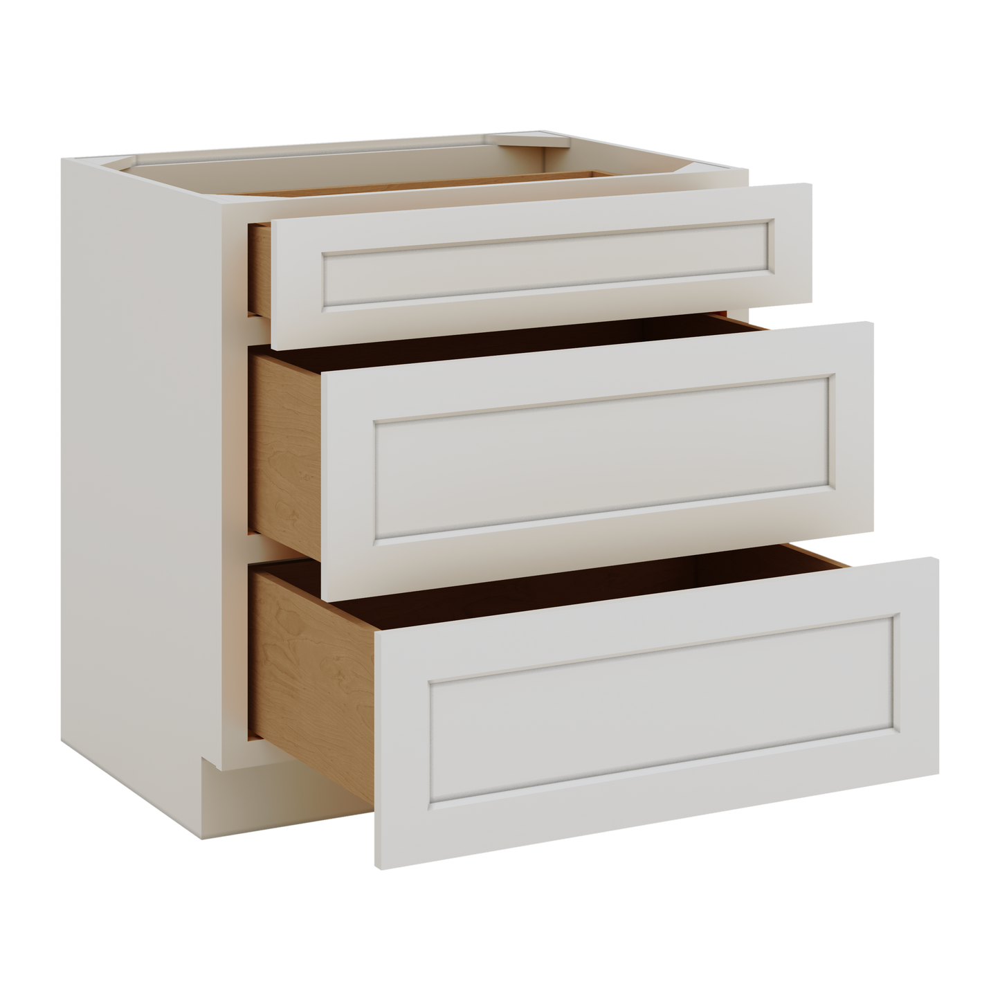 White Double Shaker 1-1/4" Overlay 3 Drawer Base Cabinet 12", 15", 18", 21", 24", 30", 33" & 36" Wide