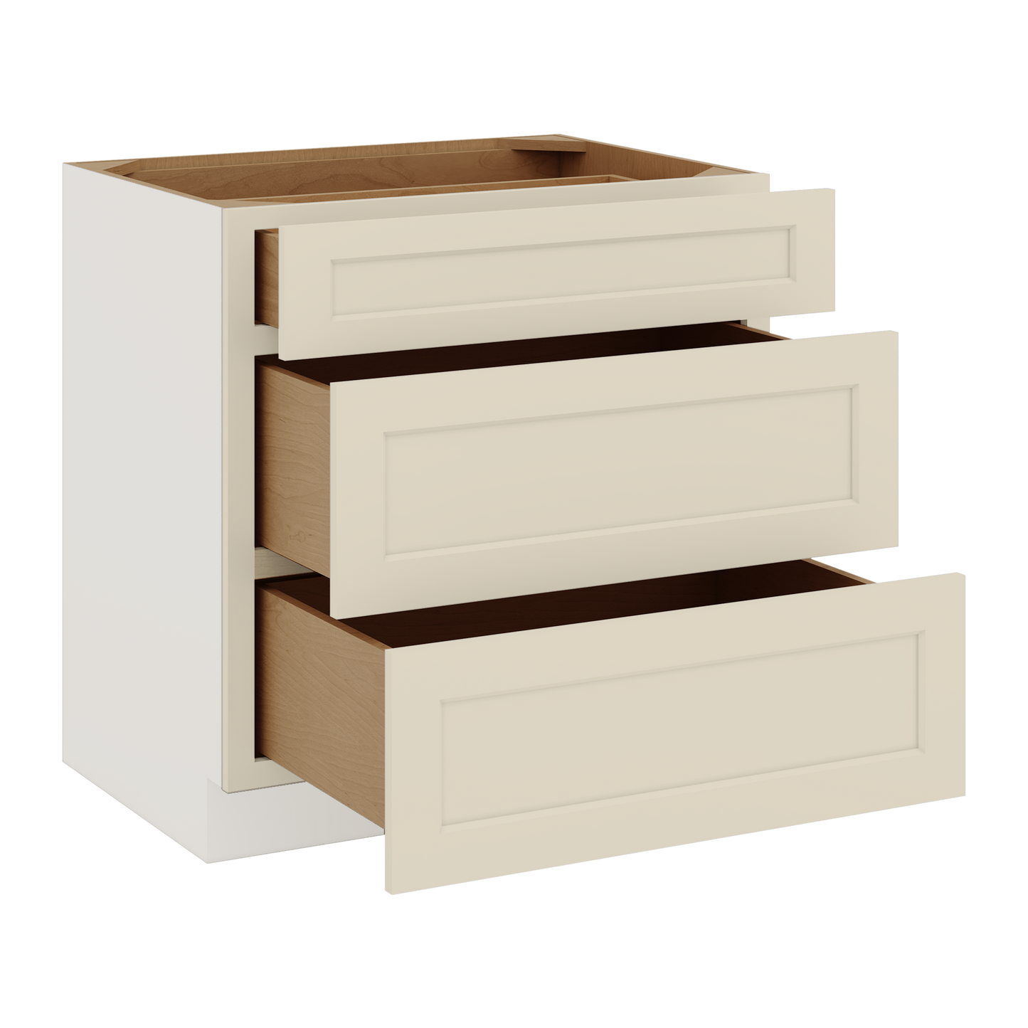 Three Drawer Base Cabinet 12", 15", 18", 21", 24", 27", 30", 33" & 36" Wide Manhattan Cream Shaker 1-1/4" Overlay
