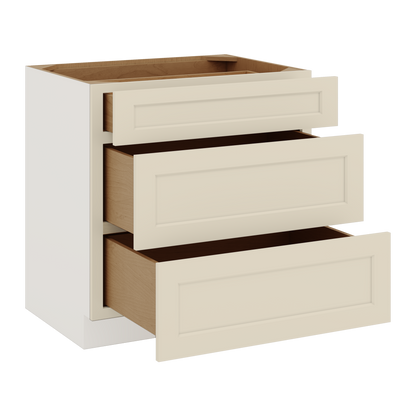 Three Drawer Base Cabinet 12", 15", 18", 21", 24", 27", 30", 33" & 36" Wide Manhattan Cream Shaker 1-1/4" Overlay