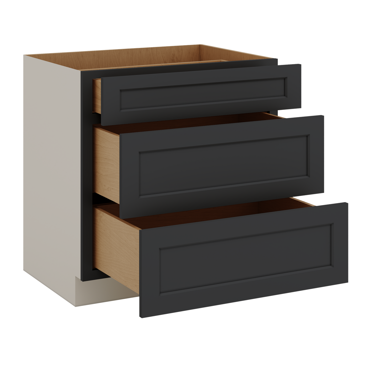 Three Drawer Base Cabinet 12", 15", 18", 21", 24", 30", 33" & 36" Wide 15HNS Hermosa Noir Black Shaker 1-1/4" Overlay