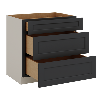 Three Drawer Base Cabinet 12", 15", 18", 21", 24", 30", 33" & 36" Wide 15HNS Hermosa Noir Black Shaker 1-1/4" Overlay