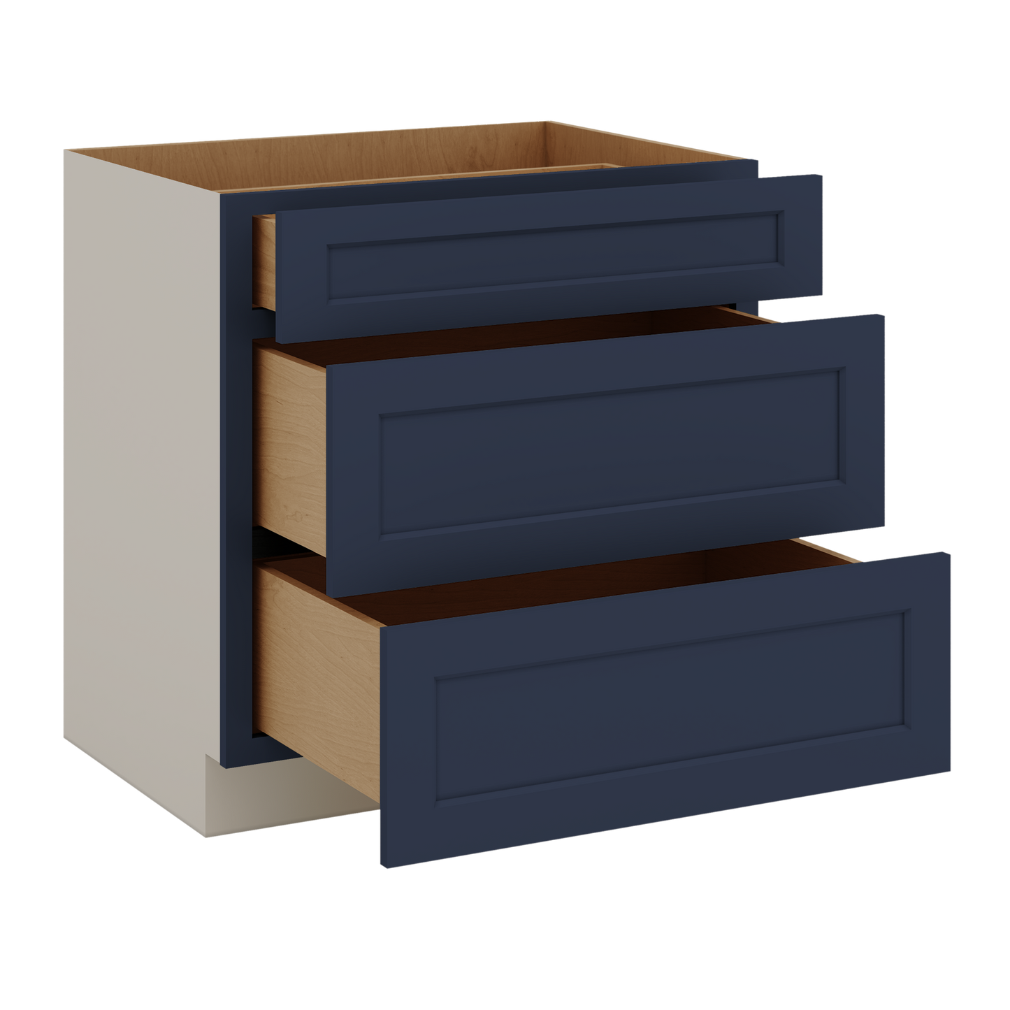 Three Drawer Base Cabinet 12", 15", 18", 21", 24", 30", 33" & 36" Wide NB29 Naval Blue Shaker 1-1/4" Overlay
