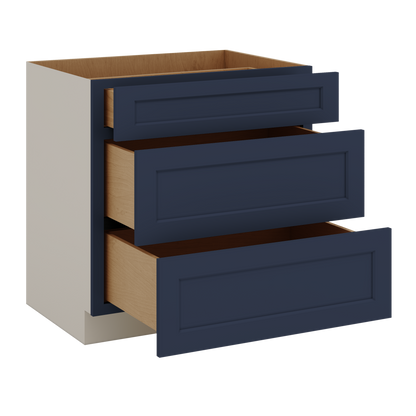 Three Drawer Base Cabinet 12", 15", 18", 21", 24", 30", 33" & 36" Wide NB29 Naval Blue Shaker 1-1/4" Overlay