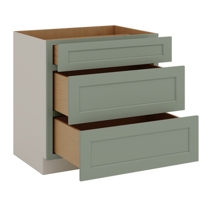12", 15", 18", 21", 24", 30", 33" & 36" Wide 14SG Sage Green Shaker 1-1/4" Overlay 3 Drawer Base Cabinet