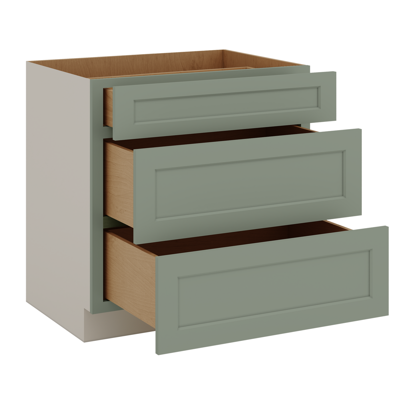 12", 15", 18", 21", 24", 30", 33" & 36" Wide 14SG Sage Green Shaker 1-1/4" Overlay 3 Drawer Base Cabinet