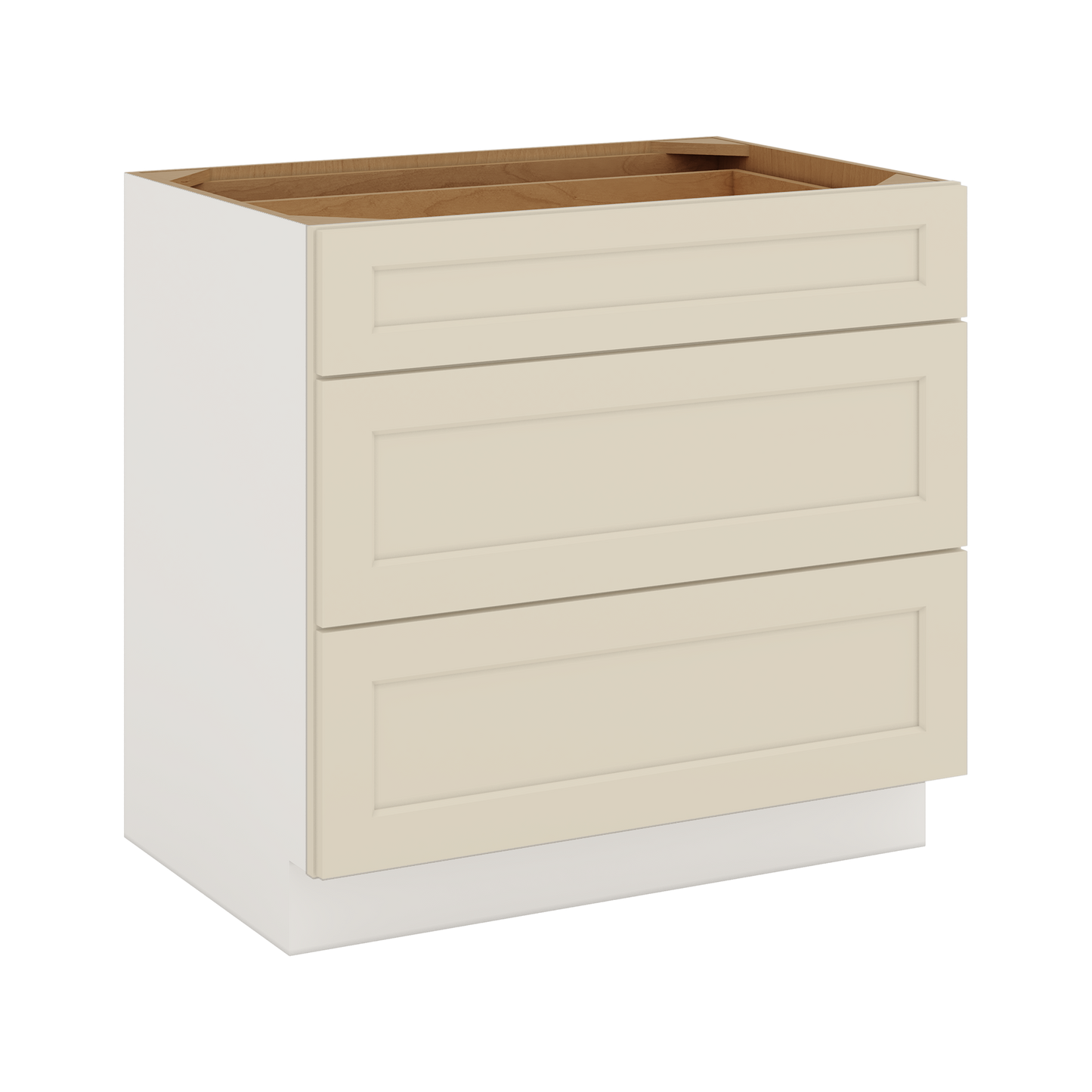 Three Drawer Base Cabinet 12", 15", 18", 21", 24", 27", 30", 33" & 36" Wide Manhattan Cream Shaker 1-1/4" Overlay