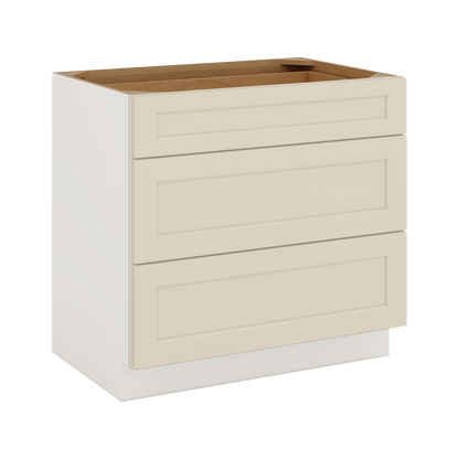 Three Drawer Base Cabinet 12", 15", 18", 21", 24", 27", 30", 33" & 36" Wide Manhattan Cream Shaker 1-1/4" Overlay