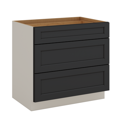 Three Drawer Base Cabinet 12", 15", 18", 21", 24", 30", 33" & 36" Wide 15HNS Hermosa Noir Black Shaker 1-1/4" Overlay