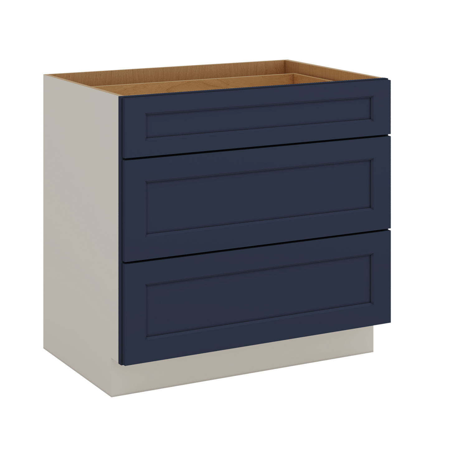 Three Drawer Base Cabinet 12", 15", 18", 21", 24", 30", 33" & 36" Wide NB29 Naval Blue Shaker 1-1/4" Overlay