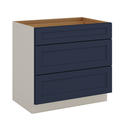 Three Drawer Base Cabinet 12", 15", 18", 21", 24", 30", 33" & 36" Wide NB29 Naval Blue Shaker 1-1/4" Overlay