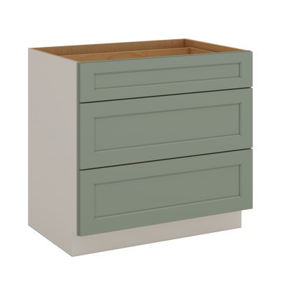12", 15", 18", 21", 24", 30", 33" & 36" Wide 14SG Sage Green Shaker 1-1/4" Overlay 3 Drawer Base Cabinet