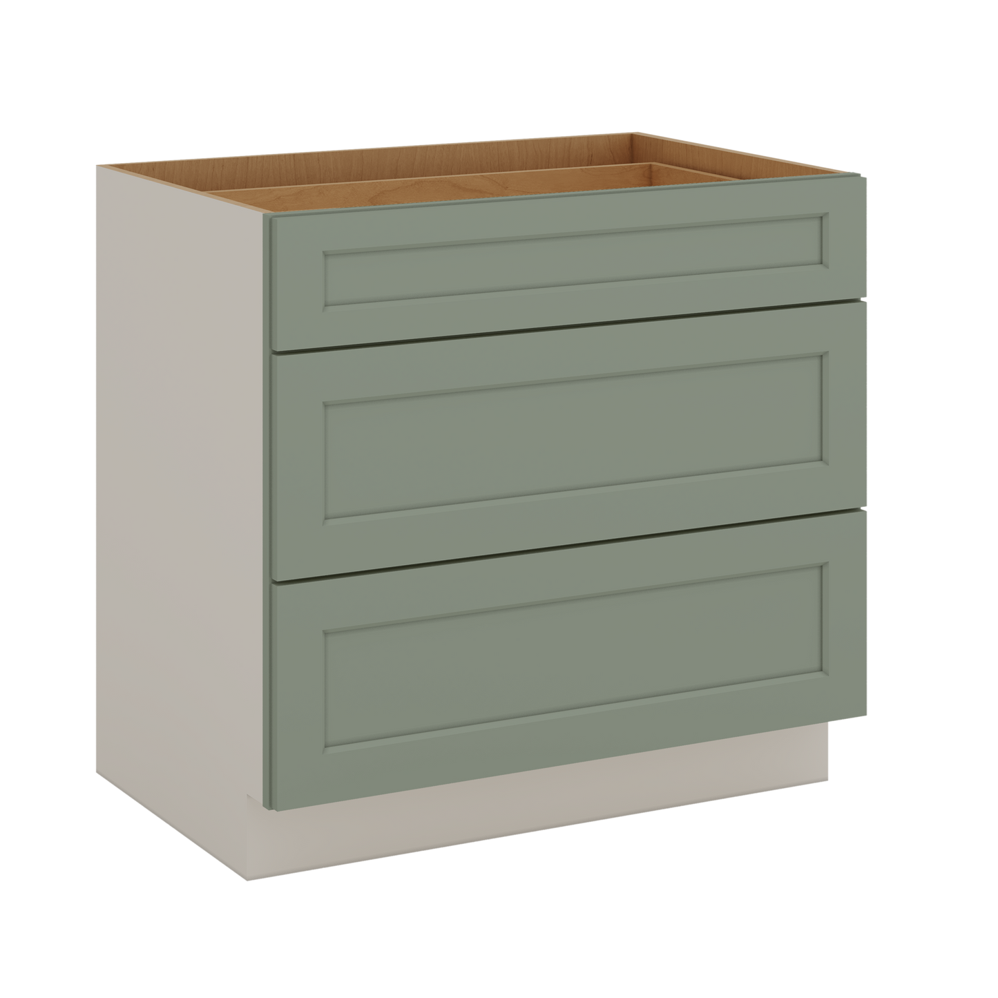 12", 15", 18", 21", 24", 30", 33" & 36" Wide 14SG Sage Green Shaker 1-1/4" Overlay 3 Drawer Base Cabinet