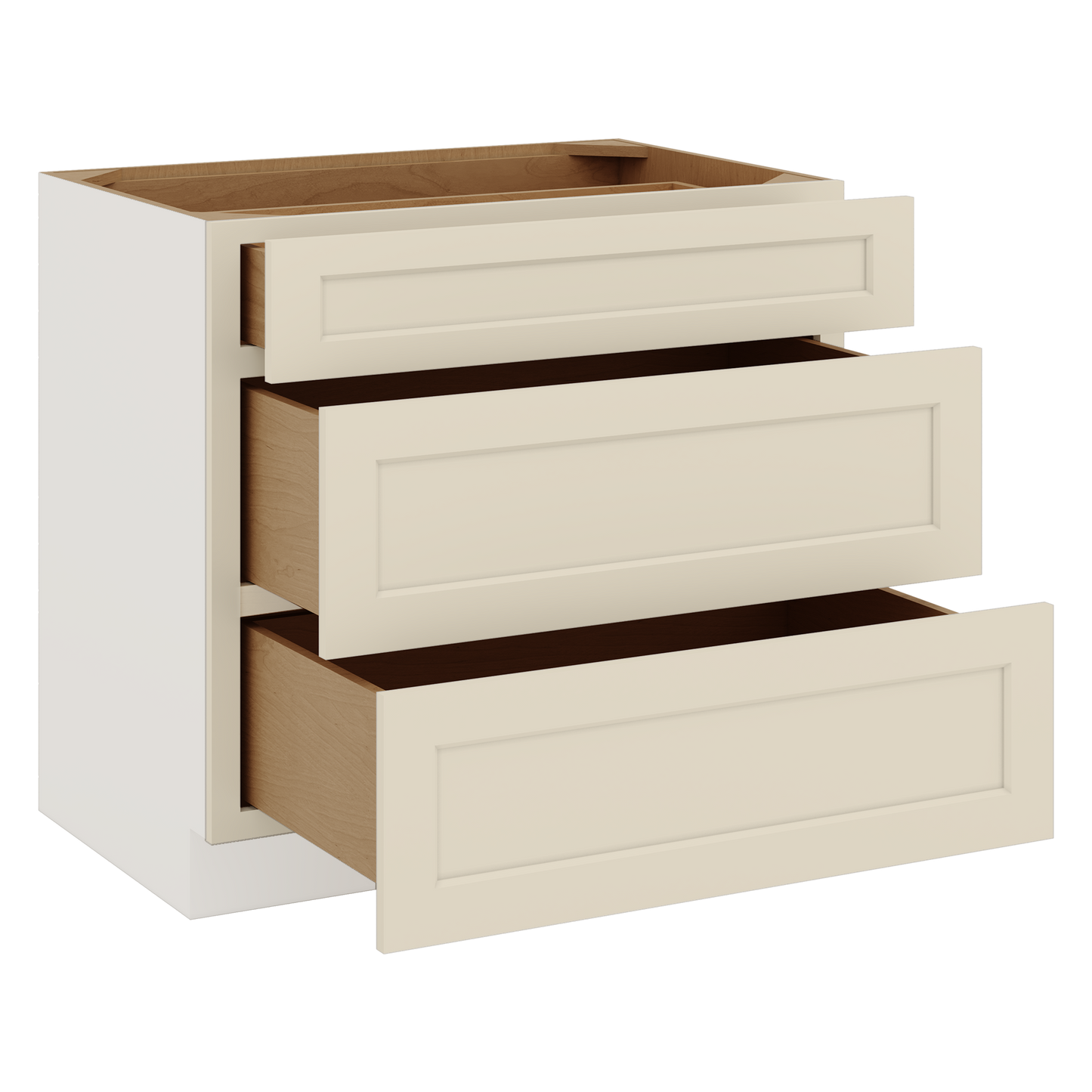 Three Drawer Base Cabinet 12", 15", 18", 21", 24", 27", 30", 33" & 36" Wide Manhattan Cream Shaker 1-1/4" Overlay
