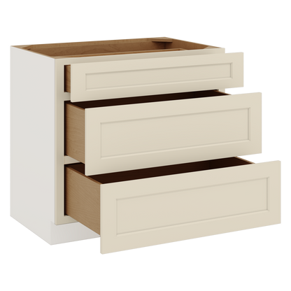 Three Drawer Base Cabinet 12", 15", 18", 21", 24", 27", 30", 33" & 36" Wide Manhattan Cream Shaker 1-1/4" Overlay