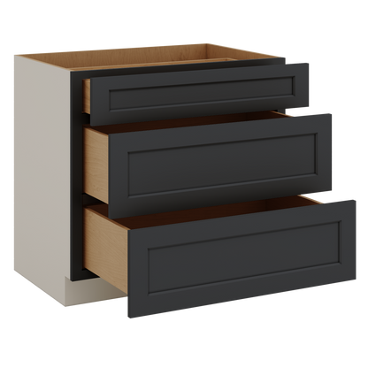 Three Drawer Base Cabinet 12", 15", 18", 21", 24", 30", 33" & 36" Wide 15HNS Hermosa Noir Black Shaker 1-1/4" Overlay