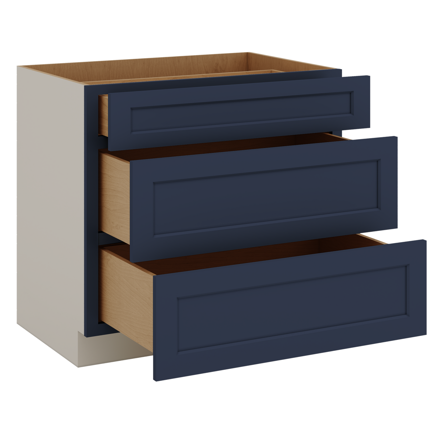 Three Drawer Base Cabinet 12", 15", 18", 21", 24", 30", 33" & 36" Wide NB29 Naval Blue Shaker 1-1/4" Overlay