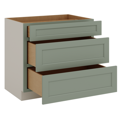 12", 15", 18", 21", 24", 30", 33" & 36" Wide 14SG Sage Green Shaker 1-1/4" Overlay 3 Drawer Base Cabinet