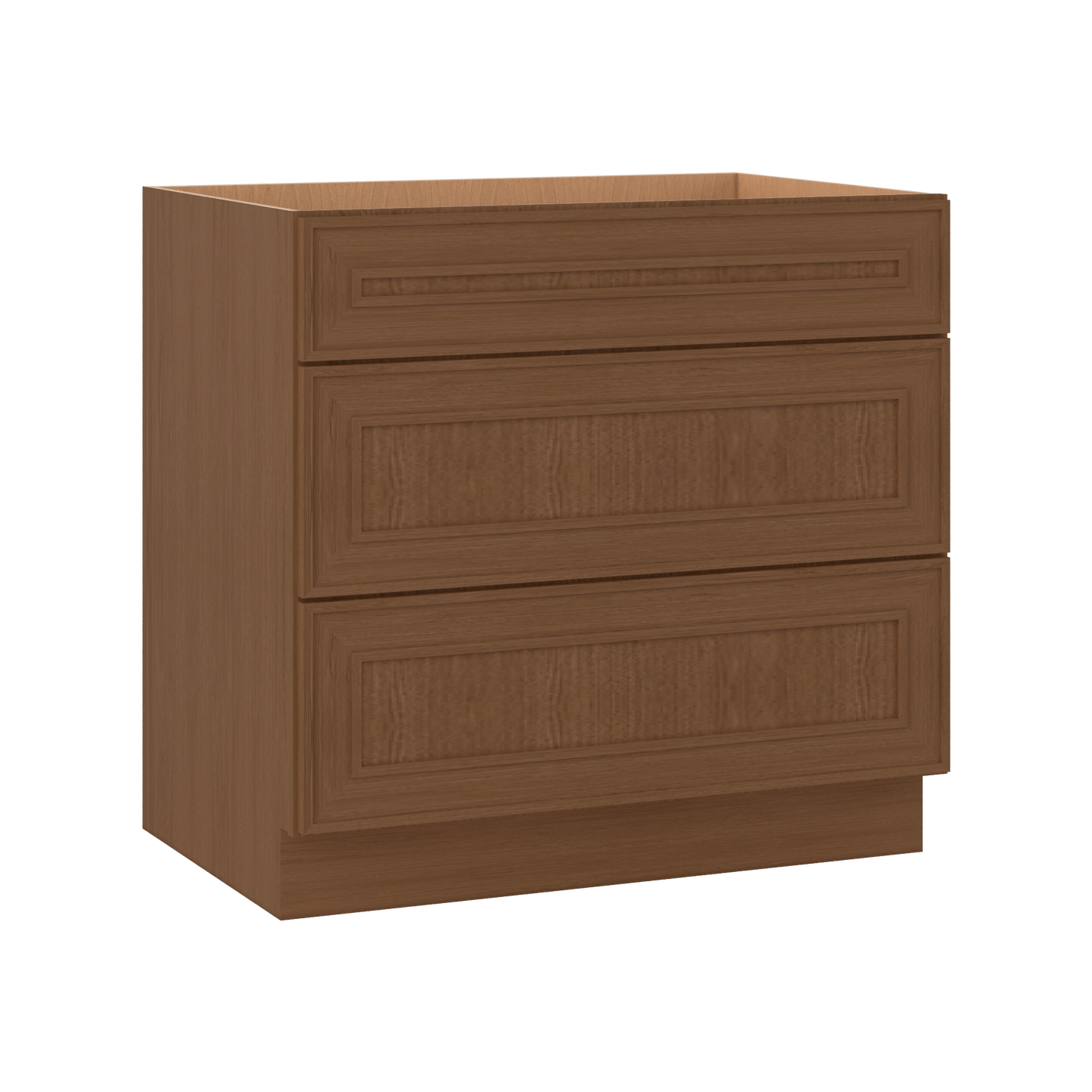 3 Drawer Base 12", 15", 18", 21", 24", 30" & 36" Wide Mocha Elegant Oak Craftsman Shaker 1-1/4" Overlay Base Cabinet