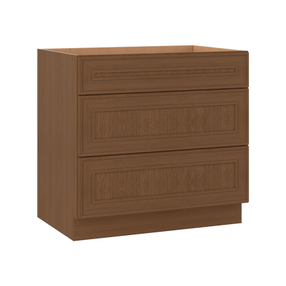3 Drawer Base 12", 15", 18", 21", 24", 30" & 36" Wide Mocha Elegant Oak Craftsman Shaker 1-1/4" Overlay Base Cabinet
