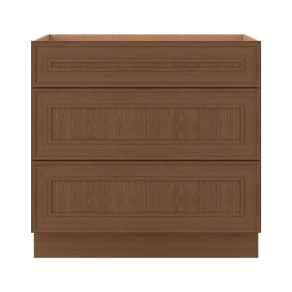 3 Drawer Base 12", 15", 18", 21", 24", 30" & 36" Wide Mocha Elegant Oak Craftsman Shaker 1-1/4" Overlay Base Cabinet
