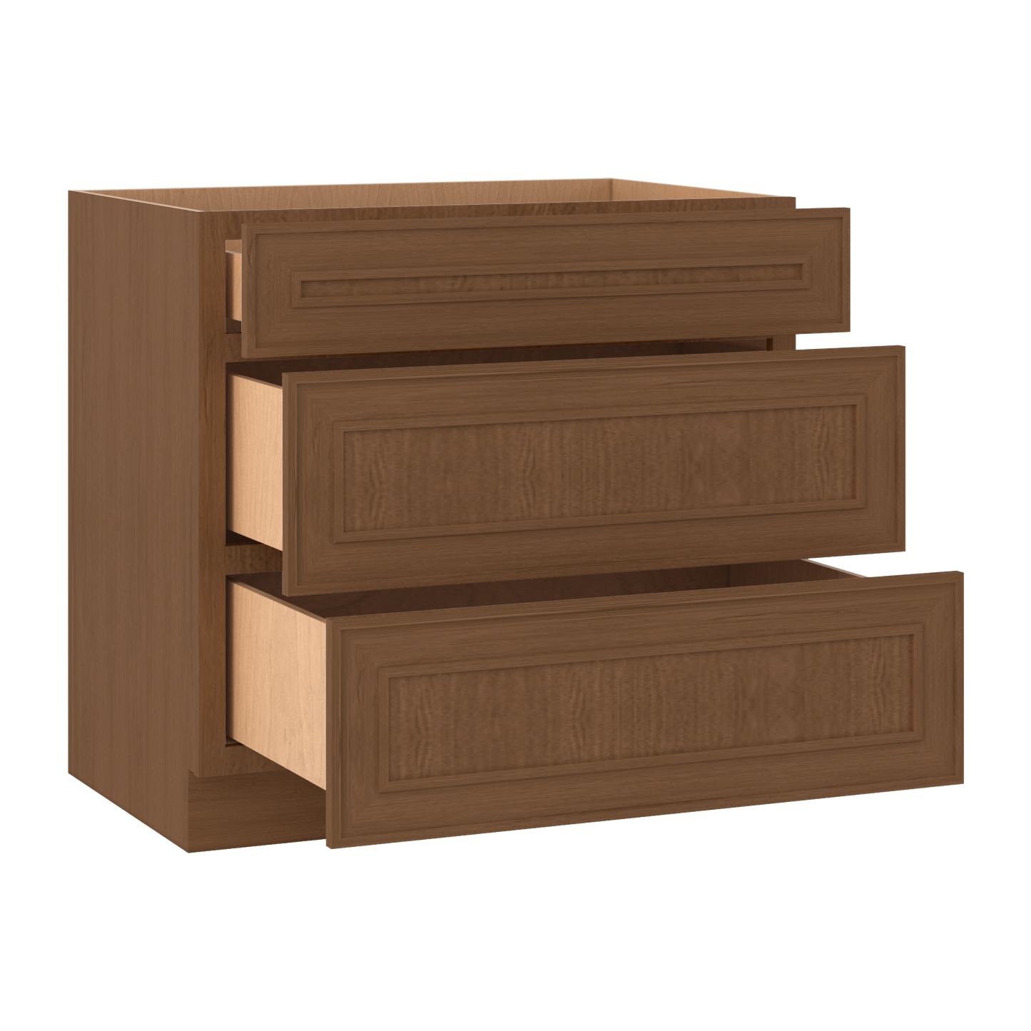 3 Drawer Base 12", 15", 18", 21", 24", 30" & 36" Wide Mocha Elegant Oak Craftsman Shaker 1-1/4" Overlay Base Cabinet