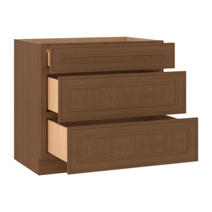 3 Drawer Base 12", 15", 18", 21", 24", 30" & 36" Wide Mocha Elegant Oak Craftsman Shaker 1-1/4" Overlay Base Cabinet