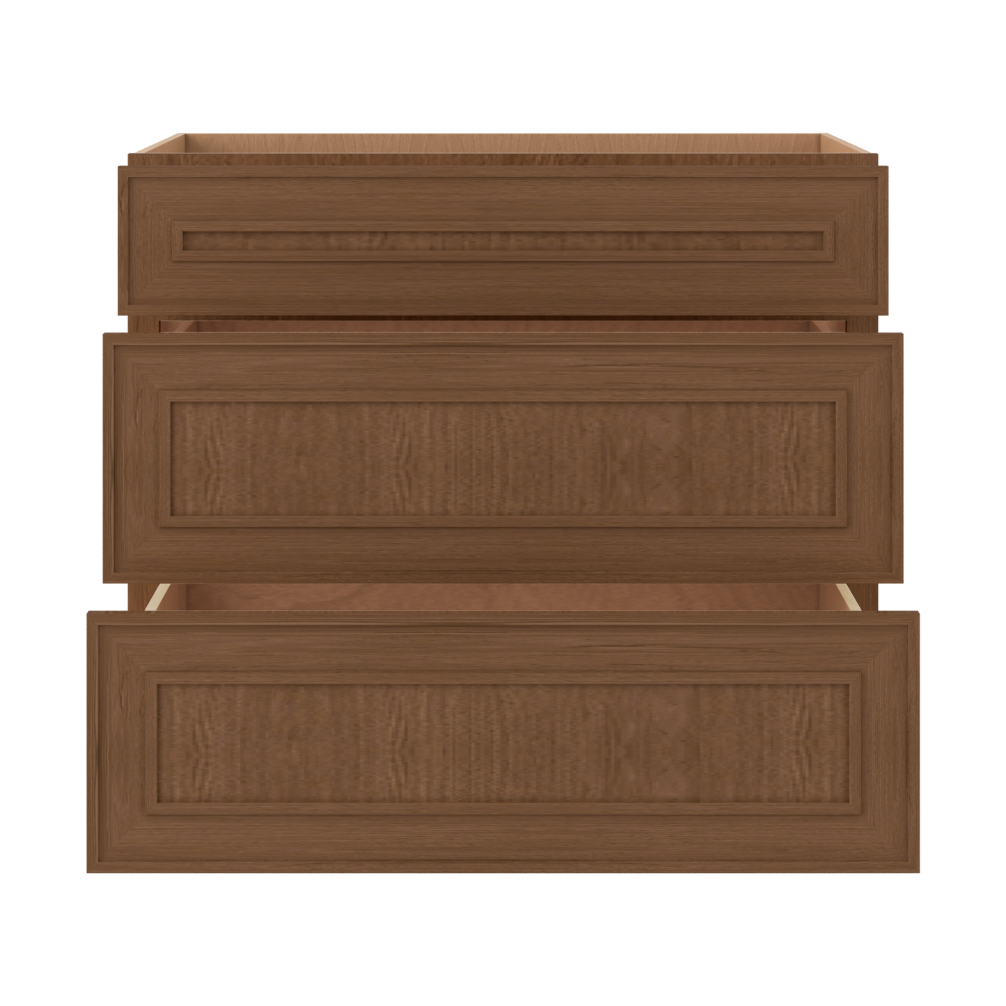 3 Drawer Base 12", 15", 18", 21", 24", 30" & 36" Wide Mocha Elegant Oak Craftsman Shaker 1-1/4" Overlay Base Cabinet