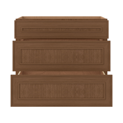 3 Drawer Base 12", 15", 18", 21", 24", 30" & 36" Wide Mocha Elegant Oak Craftsman Shaker 1-1/4" Overlay Base Cabinet