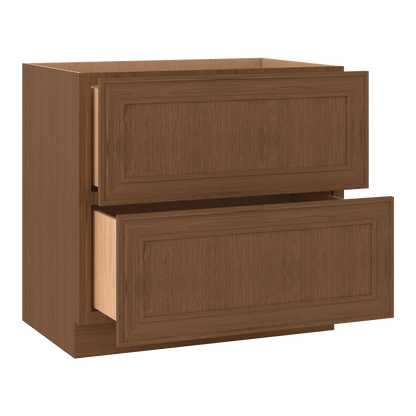 Double Drawer 24", 30" & 36" Wide Elegant Mocha Craftsman Shaker 2 Drawer Base Cabinet