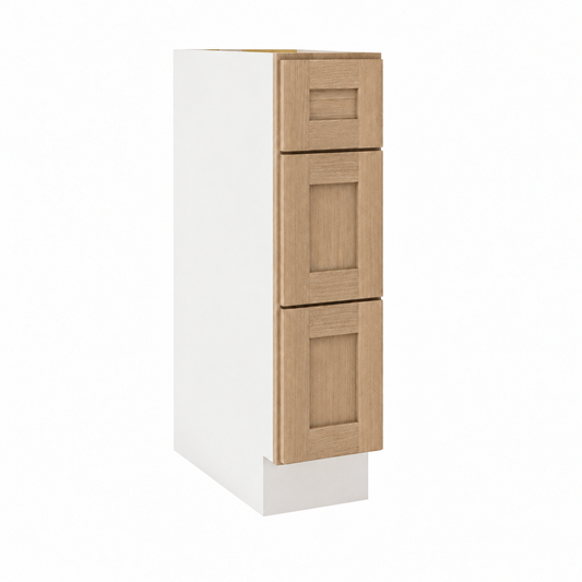 Rift Oak 12-inch three-drawer base cabinet.