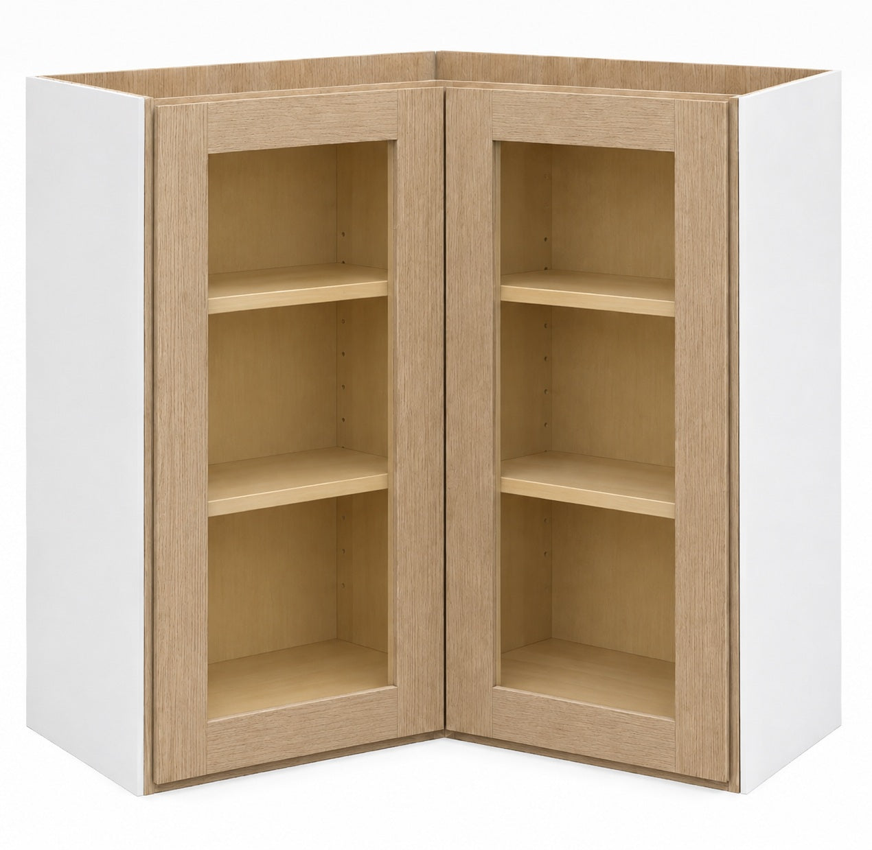 Easy Reach Corner Glass Ready 24" Wide by 30", 36" & 42" Tall White Oak Shaker 1-1/4" Overlay Wall Cabinet