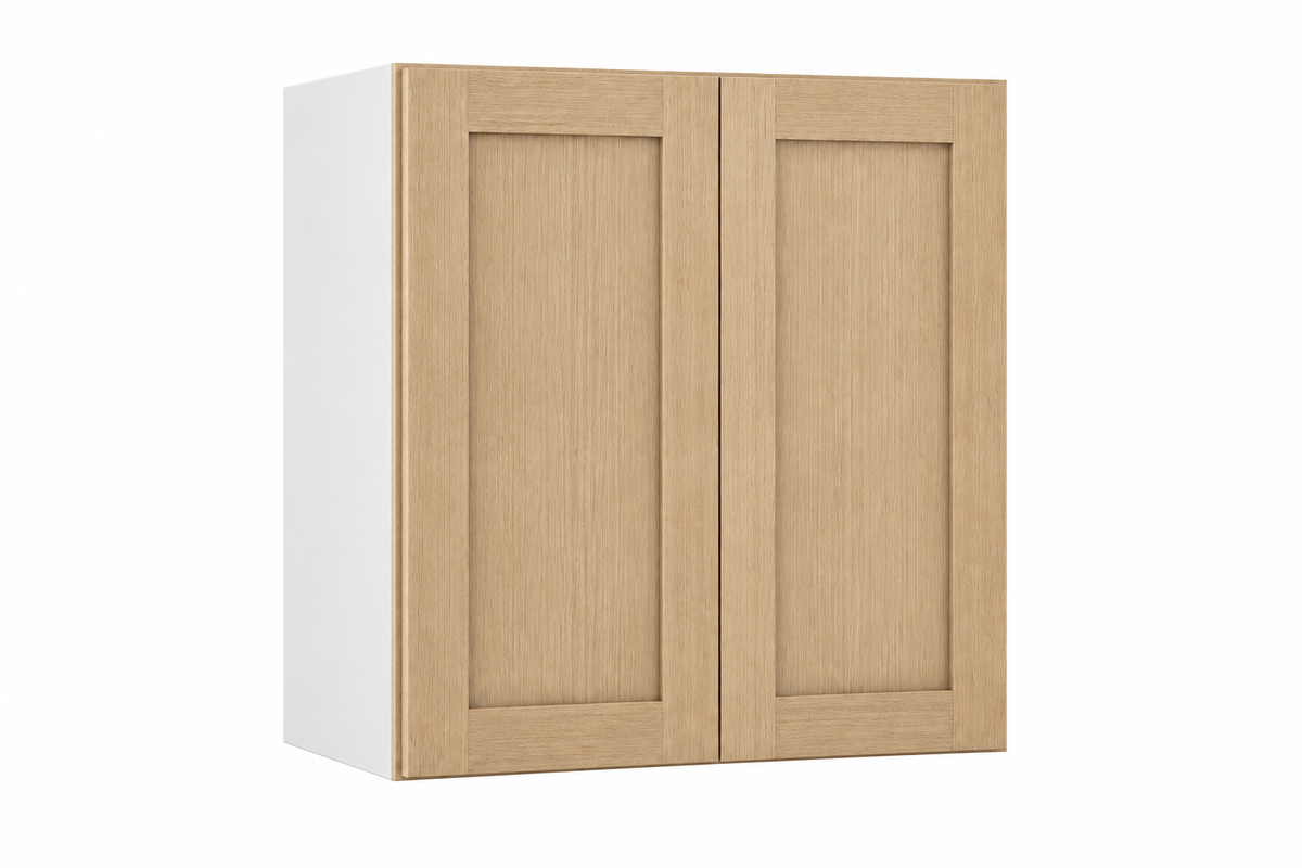Rift Oak 30-inch-wide double-door stacker wall cabinet, 27 inches tall.
