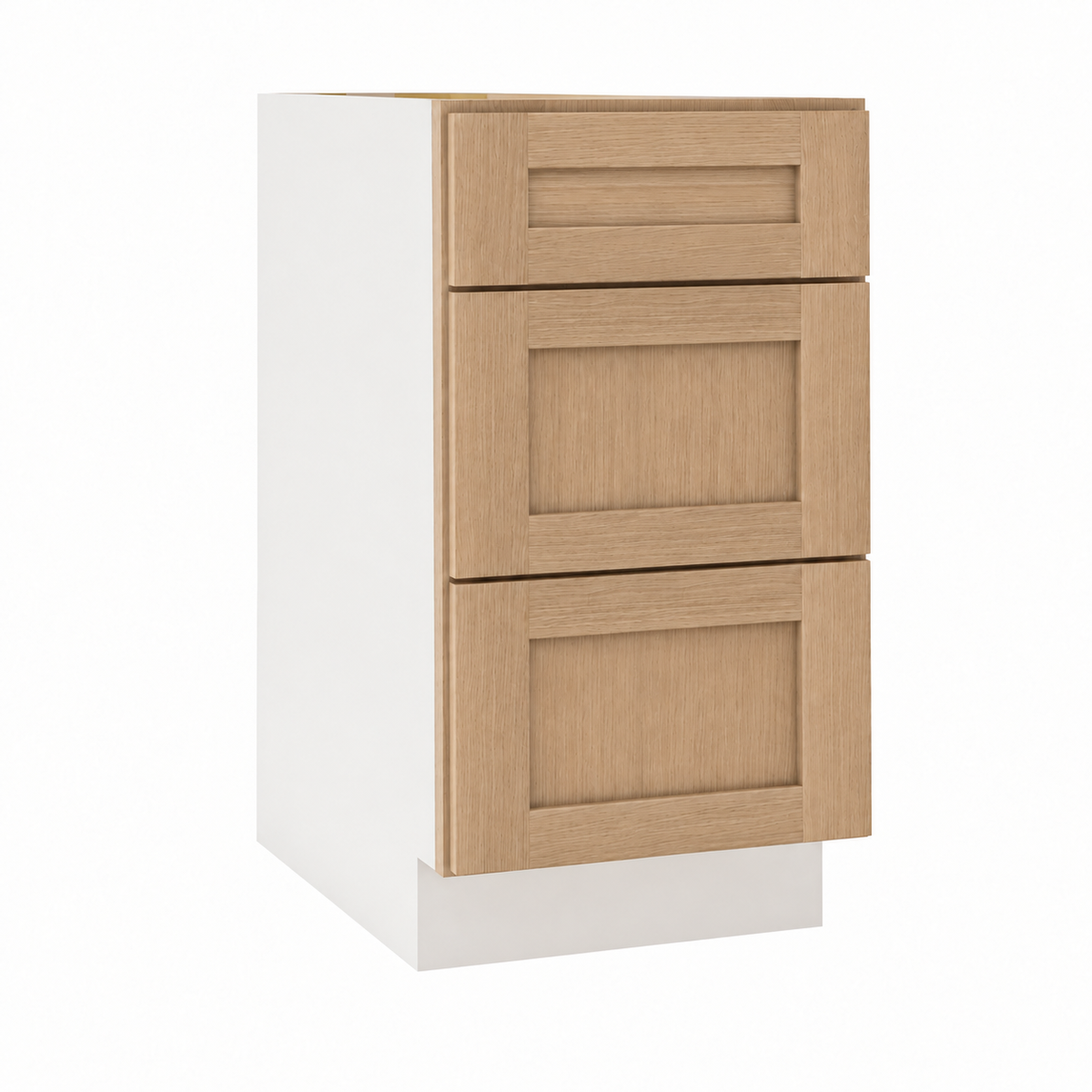 Rift Oak 27-inch three-drawer base cabinet.