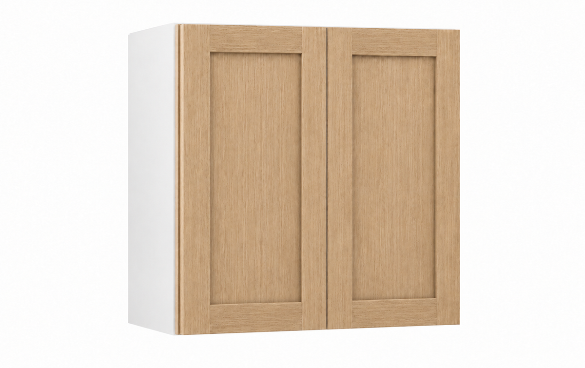 Rift Oak 30-inch-wide two-door stacker wall cabinet, 39 inches tall, with one panel in each door.