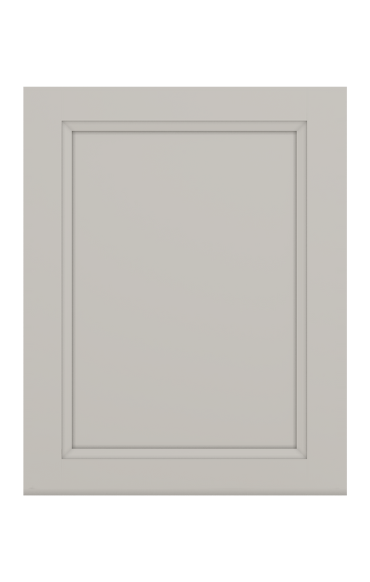 Gray cabinet door with a rectangular design on a white background