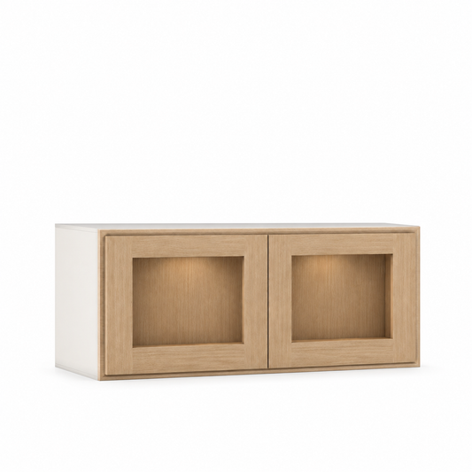 Rift 36" Wide Glass Ready Wall Cabinet - Double Door 12", 15", 18", 21" & 24" Tall — Rift Oak, bi-parting Shaker doors, no center stile; Glass Ready with matching finished interior; glass not included.