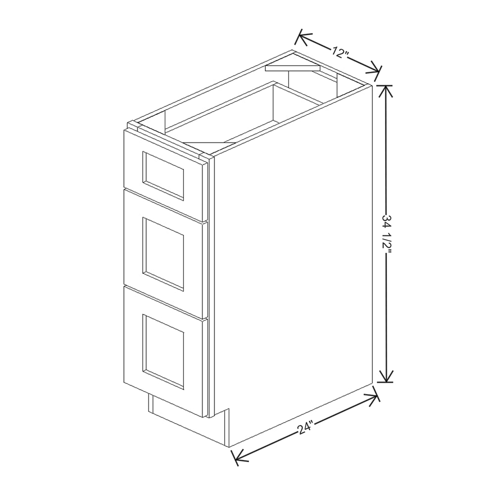 Monaco White Shaker Full Overlay Three Drawer Base Cabinet  – RTA Unassembled