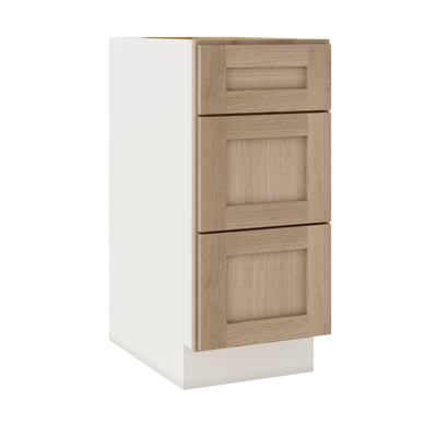 Natural Color White Oak Shaker 1-1/4" Overlay 3 Drawer Base Cabinet 12", 15", 18", 21", 24", 30", 33" & 36" Wide