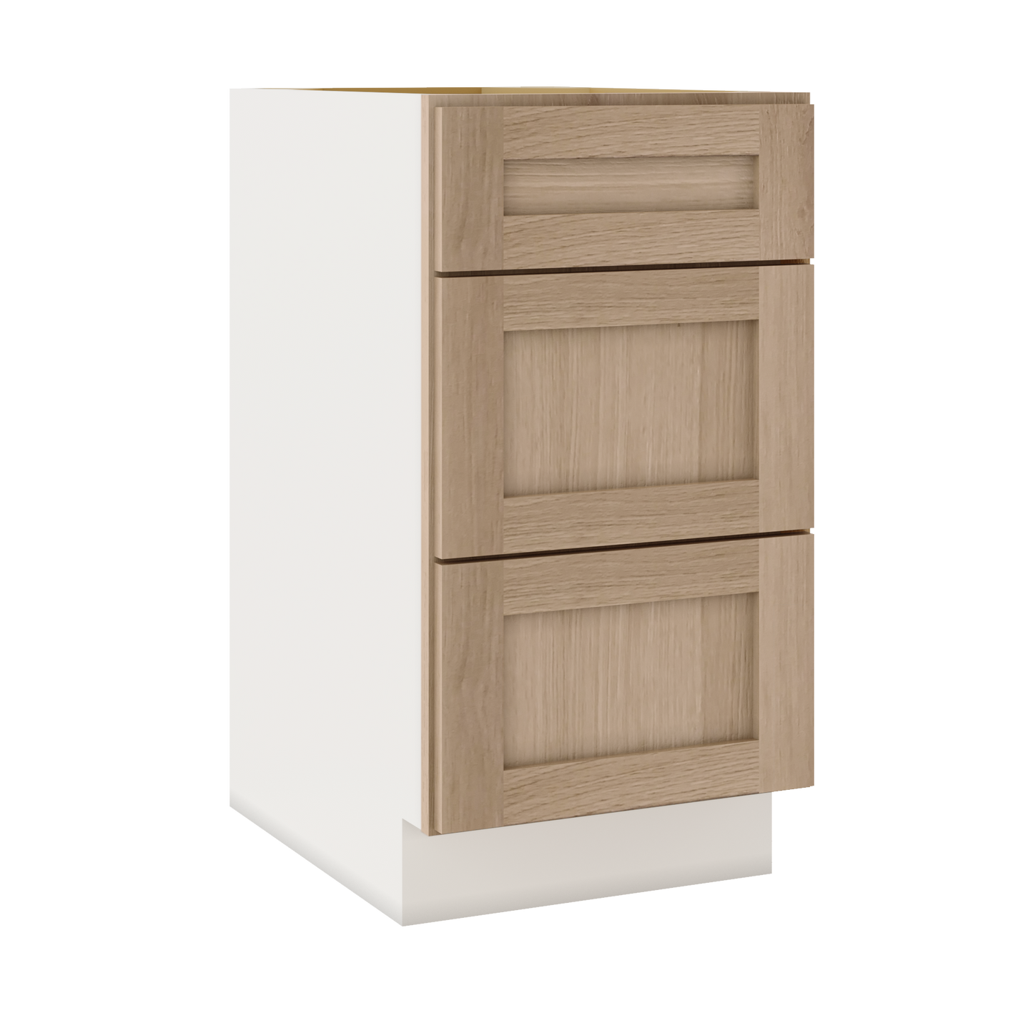 Natural Color 17ROS - Redondo White Oak Shaker 1-1/4" Overlay 3 Drawer Base Cabinet 12", 15", 18", 21", 24", 30", 33" & 36" Wide