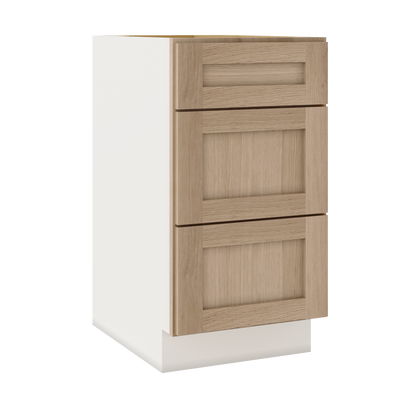 Natural Color 17ROS - Redondo White Oak Shaker 1-1/4" Overlay 3 Drawer Base Cabinet 12", 15", 18", 21", 24", 30", 33" & 36" Wide