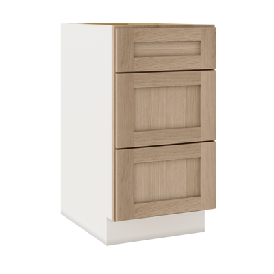 Natural Color White Oak Shaker 1-1/4" Overlay 3 Drawer Base Cabinet 12", 15", 18", 21", 24", 30", 33" & 36" Wide