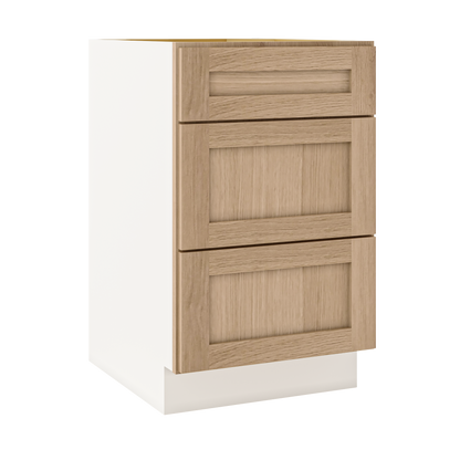 Natural Color 17ROS - Redondo White Oak Shaker 1-1/4" Overlay 3 Drawer Base Cabinet 12", 15", 18", 21", 24", 30", 33" & 36" Wide