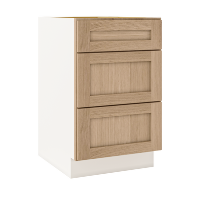 Natural Color White Oak Shaker 1-1/4" Overlay 3 Drawer Base Cabinet 12", 15", 18", 21", 24", 30", 33" & 36" Wide