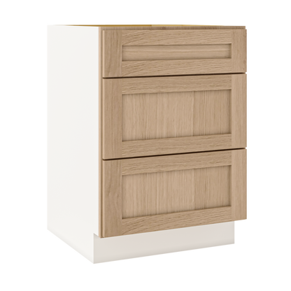 Natural Color 17ROS - Redondo White Oak Shaker 1-1/4" Overlay 3 Drawer Base Cabinet 12", 15", 18", 21", 24", 30", 33" & 36" Wide