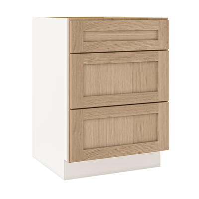 Natural Color White Oak Shaker 1-1/4" Overlay 3 Drawer Base Cabinet 12", 15", 18", 21", 24", 30", 33" & 36" Wide