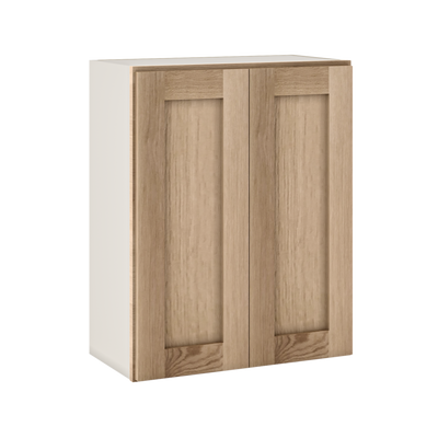 30" Tall Natural Color White Oak Shaker Shaker 1-1/4" Overlay Wall Cabinet - Double Door 24", 27", 30", 33" & 36"