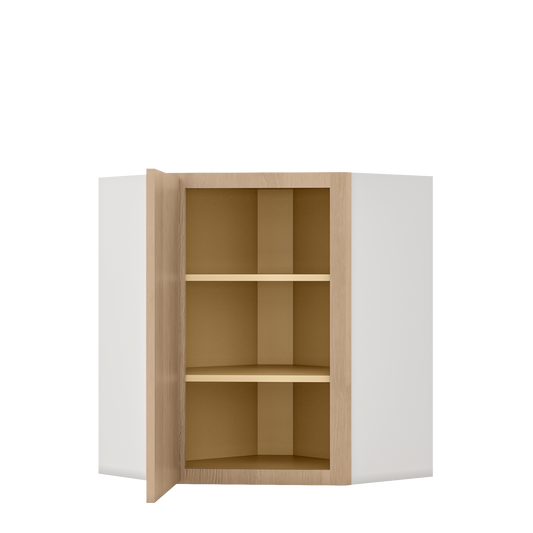 Diagonal Corner Natural Color 17ROS - Redondo White Oak Shaker 1-1/4" Overlay Wall Cabinet 24" Wide by 30", 36" & 42" Tall