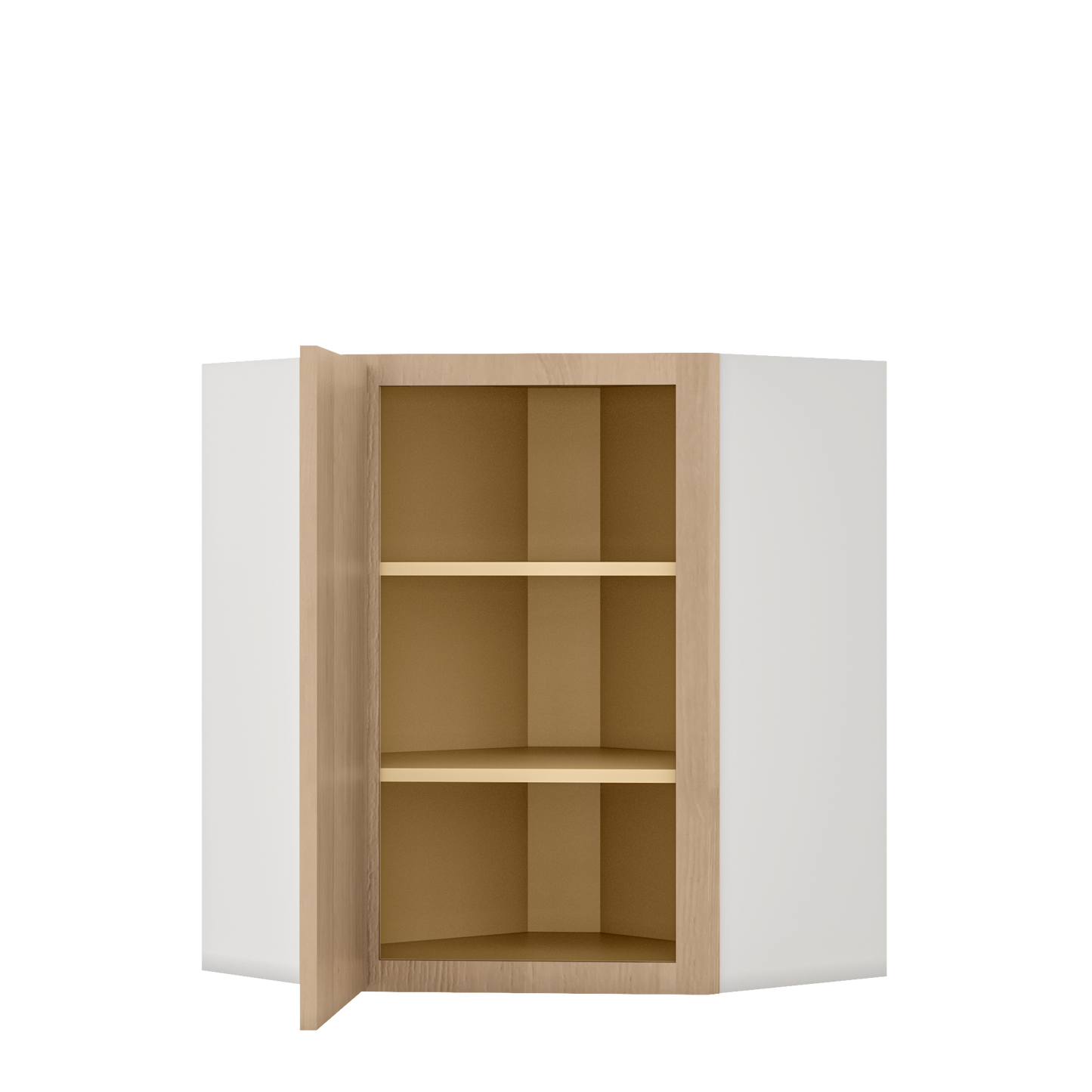 Diagonal Corner Natural Color 17ROS - Redondo White Oak Shaker 1-1/4" Overlay Wall Cabinet 24" Wide by 30", 36" & 42" Tall